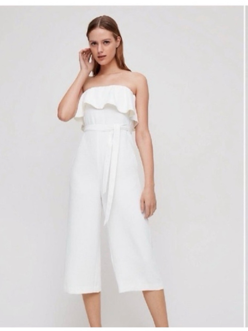 Babaton Aritzia Flutter Strapless Ruffle Wide-Leg Jumpsuit in White size 6